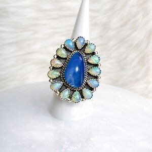 Sterling Silver Blue Chalcedony & Opal Cluster Ring Size 7.5 Adjustable Artisan